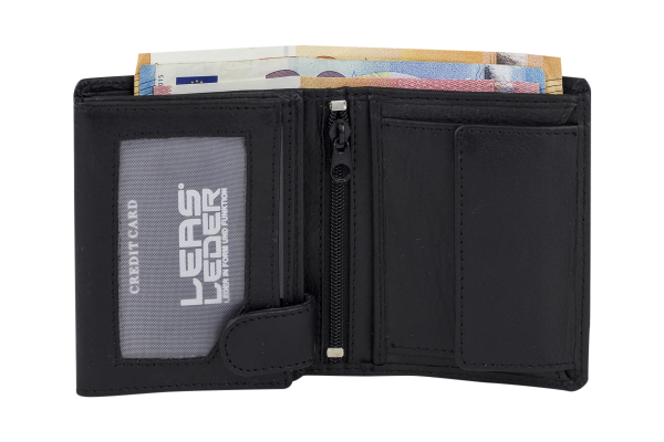 EAS Biker Mini Geldbörse mit Riegel und Kette extra dünn im Hochformat, flaches Portemonnaie mit RFID Schutz Folie mit Geschenk Box Echt-Leder, schwarz